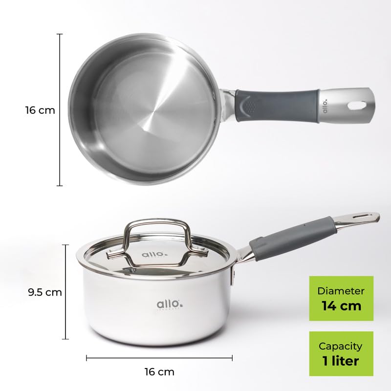 Image of Allo Triply Stainless Steel TriPly Sauce Pan, Tea Pan for Chai /Milk, Heat Resist Handle with Lid, Gas & Induction Friendly Naturally Non Stick,10 Year Warranty, 14cm, 1 Liter Cookware