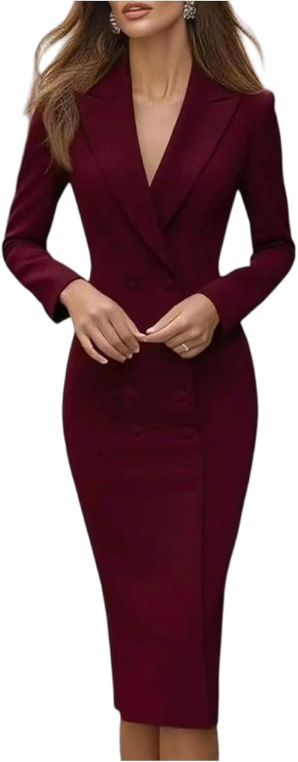 Women’s Long Sleeve Blazer Dress with Lapel Collar Bodycon Fit Business Formal Midi Length Office Wear