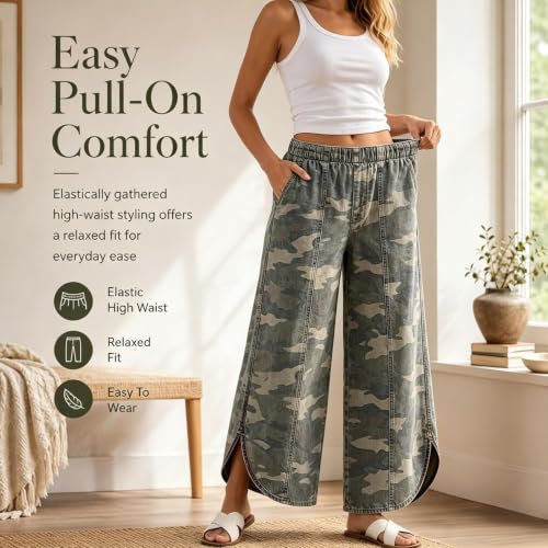 Women's Olive Camo Wide Leg Jeans, Elastic Waist Tulip Hem - image 5