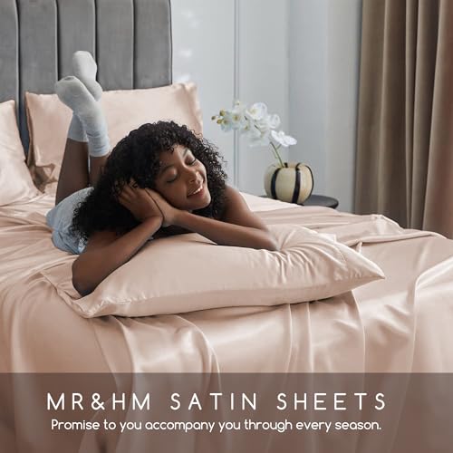 Image of MR&HM Satin Bed Sheets, Twin Size Sheets Set, 3 Pcs Silky Bedding Set with 15 Inches Deep Pocket for Mattress (Twin, Champagne)