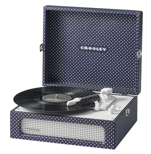 Image of Crosley CR8017B-ND Voyager Record Player, Navy Dot | 3-Speed Turntable, Bluetooth In / Out, Built-in Full-Range Stereo Speakers, Adjustable Pitch Control