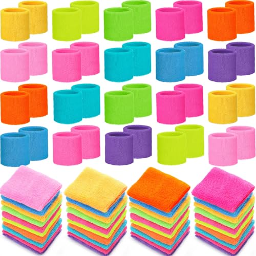 Image of 60 Pcs Wristband Bulk Sweatbands Neon 80s Sports Tennis Wristband Thick Cotton Gymnastics Adult Sweat Band Absorbent Sweatband for Men Women Party Supply Basketball Football 30 Pair