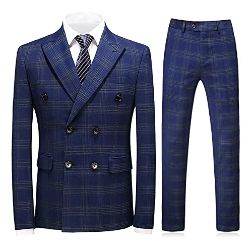 Mens Plaid 3 Piece Suits Slim Fit Double Breasted Plaid Suit Jacket Vest Pants Set Formal