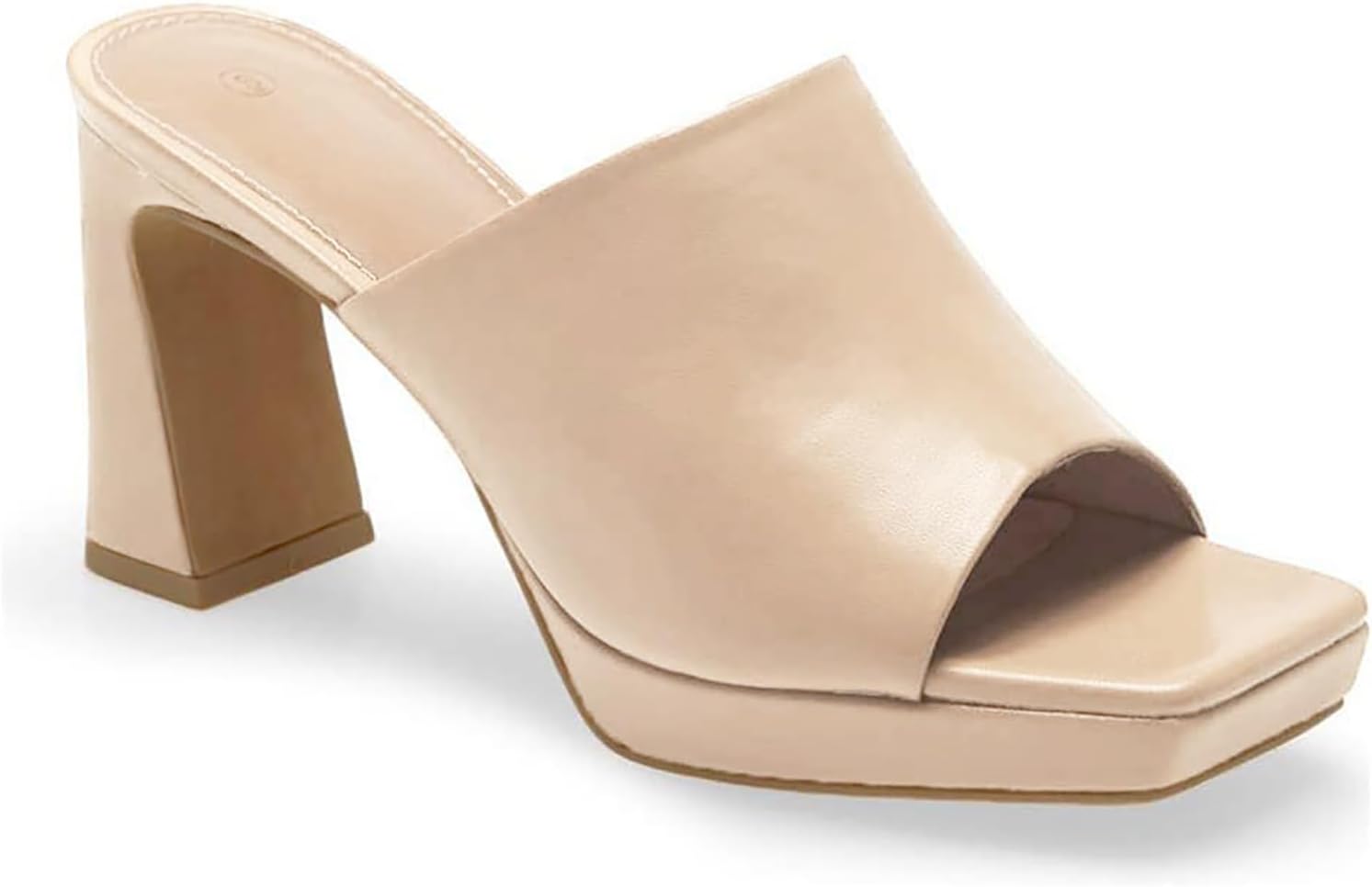 Womens Platform Chunky Heels Mules Square Open Toe High Heeled Sandals Slip On Slides Dress Shoes, Nude, 6