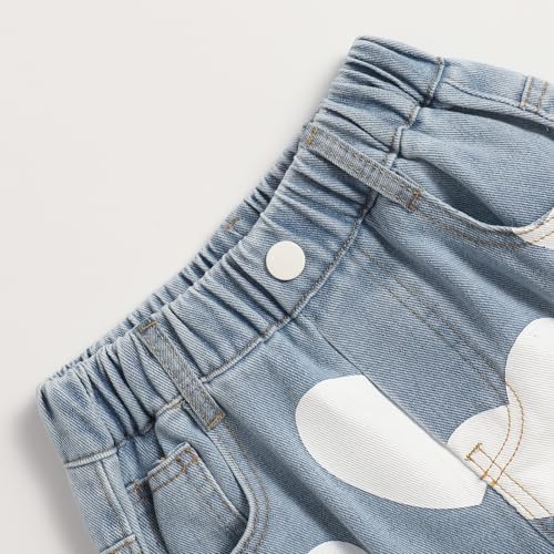 Girls' Cute Heart Print Elastic Waist Casual Wide Leg Ripped Denim Jeans3