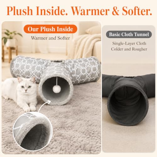 Image of Geometric 3 Way Cat Tunnel with Plush Inside,Cats Toys Collapsible Tunnel Tube with Balls, for Rabbits, Kittens, Ferrets,Puppy and Dogs