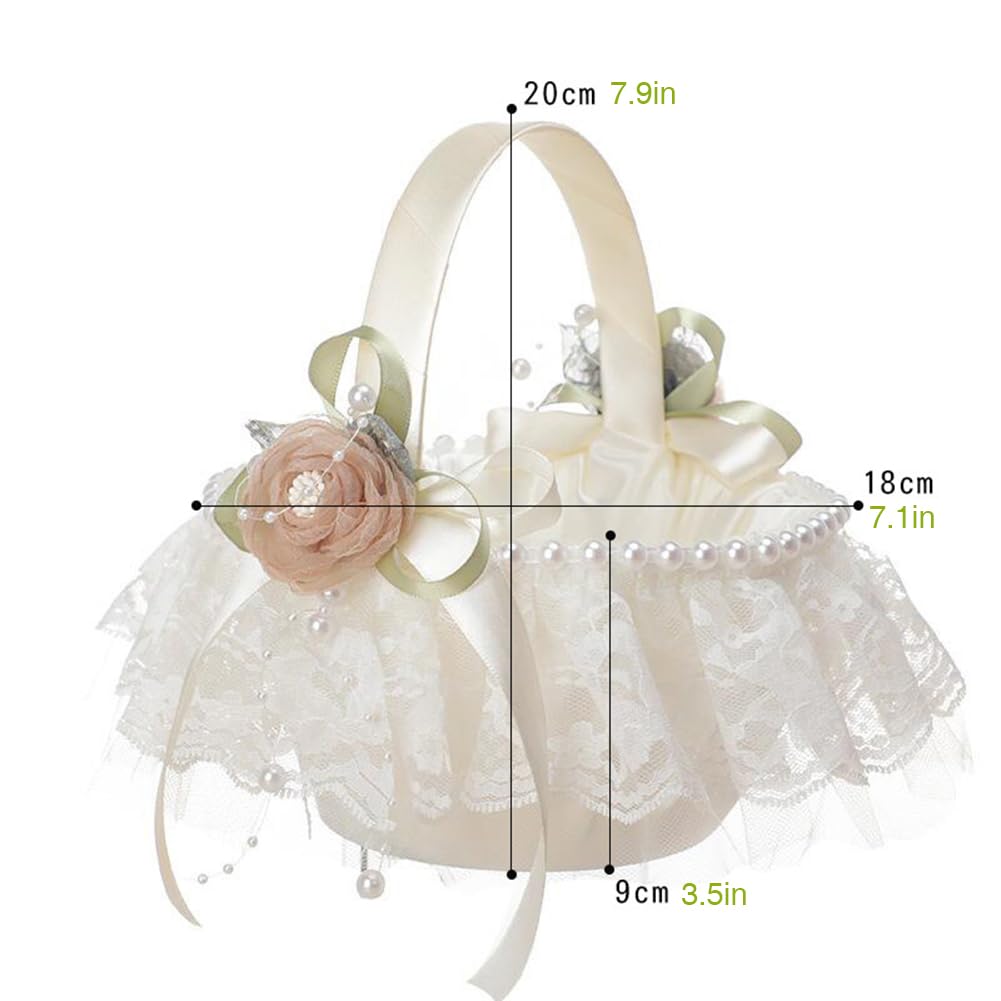 Wedding Flower Girl Basket, Romantic Flower Girl Petals Storage Basket with Lace Pearl for Wedding Party Ceremony Decoration
