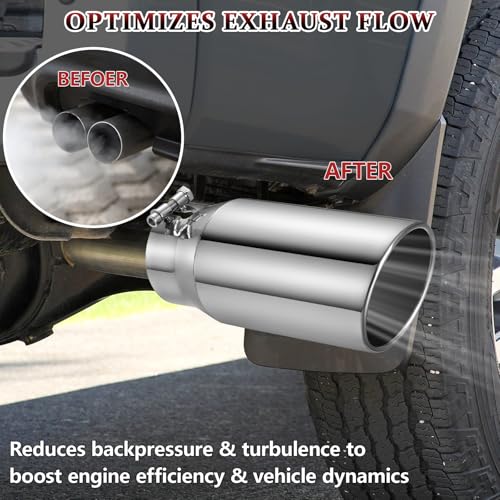 Image of Exhaust Tip 4 inch Inlet 5 inch Outlet 12 inch Long, High Performance Stainless Steel, Rustproof Polished Finish, Rolled Angle Cut, Bolt-On Diesel Tail Pipe, Universal for Car Truck