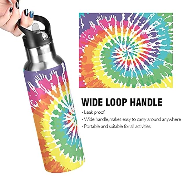 20 oz Sports Water Bottles with Straw Lid and Carry Loop, Insulated Stainless Steel Double Wall Vacuum Thermo Water Bottle for Gym Camping Hiking - Tie Dye