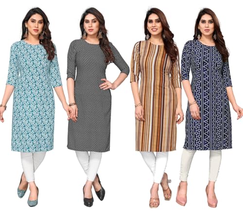 Image of JAKHANA Women's Crepe Printed Casual Straight Calf Length Round Nick Kurta Pack of 4