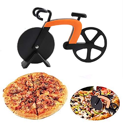 Lady of Luck Bicicleta Cortador de Pizza, Cuchillo de Rueda de Pizza de Acero Inoxidable Antiadherente Cortapizzas con Soporte para Casa, Cocina (Orange)