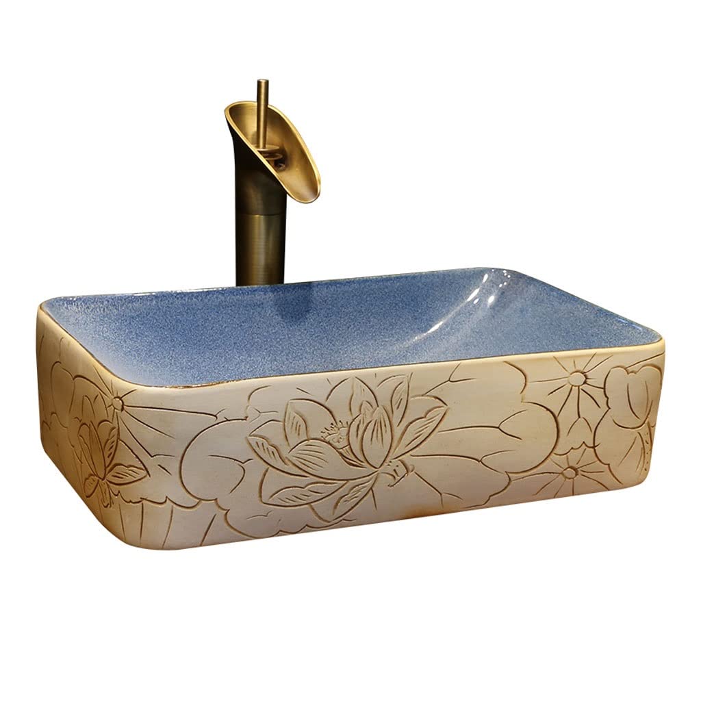 Hpthly Bathroom Sink Vessel Sink Lotus Pattern Art Countertop Basin Rectangular Ceramic Washbasin Household Bathroom Washbasin Vessel Sinks
