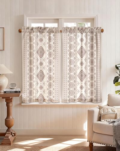 Image of Miss Adola Boho Kitchen Curtains - 45 Inch Length Linen Blend Geometric Striped Cafe Curtains Western Tier Curtain Short Drapes Rod Pocket for Bathroom Living Room Windows Light Filtering, 2 Panels