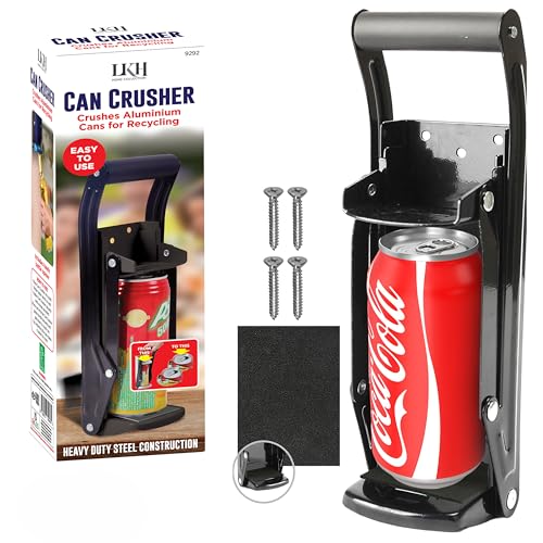 LKH Can Crusher & Bottle Opener - Soda Beer Can Crushers for Recycling, Wall Mounted with Soft Grip Handle, Built-in Tin Opener 2-in-1 Heavy Duty Tool for Bottles, Tins & More (Black)