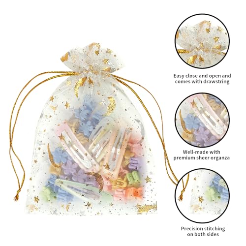Image of YHJZ 100PCS Moon Star Organza Bags, 4x6 inches (10x15cm) Small Mesh Bags Drawstring, Jewelry Gift Bags for Wedding, Party, Festival, Makeup (White)