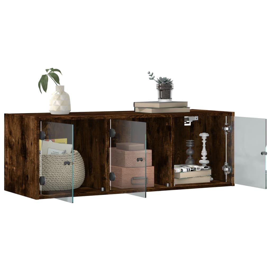 Wandschrank mit Glastüren Räuchereiche 102x37x35 cm Holzwerkstoff Hängeschrank mit Stauraum und Fächern für Büro Wohnzimmer Flur zur Wandmontage und geordneter Aufbewahrung