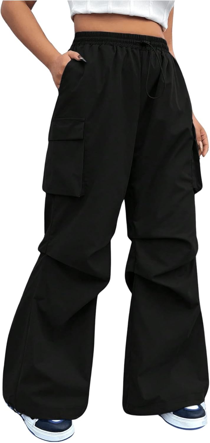 OYOANGLE Women's Plus Size Drawstring Waist Wide Leg Casual Cargo Pants with Pocket