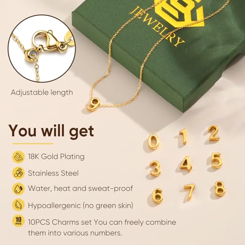 KSF Gold Number Necklace for Women - DIY 10 PCS Number 0-9 Charm Necklace, 18K Gold Plated Number Pendant Dainty Birth Month Choker Game Day Accessories Personalized Jewelry Birthday Gift for Her2