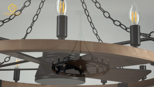 Image of Oak Wooden Wagon Wheel Chandelier Fans 12-Light 36 inch Fandelier