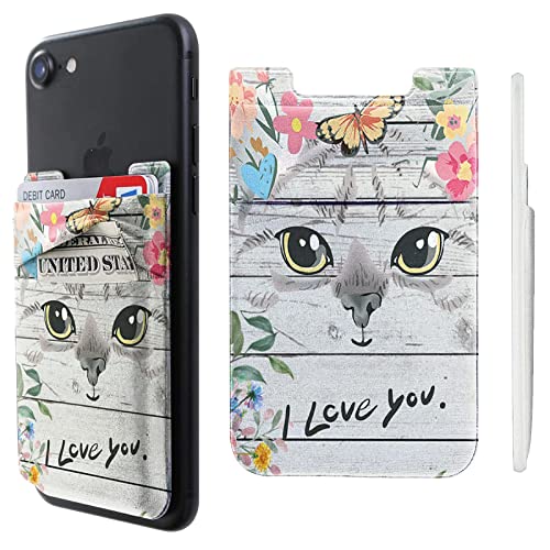 Cell Phone Adhesive Stick On Wallet Sleeve Double Pocket Lycra Credit ID Card Holder Pouch Little Wallet Cat Floral Wood Design for iPhone ipad Samsung Galaxy Android Smartphones