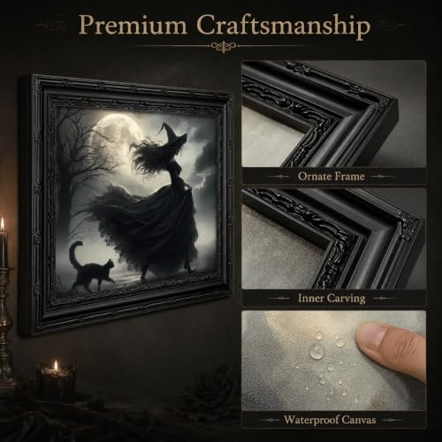 Black Framed Wall Art Halloween Gothic Witch Canvas Print Moonlit Witch with Black Cat Decor Picture Dark Academia Moody Halloween Artwork for Living Room Bedroom 9x11 inch - image 5