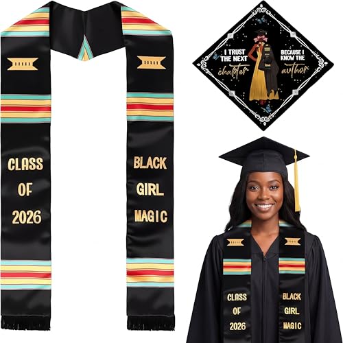 Dunzoom 2026 Kente Graduation Stole and Cap Black Girl Magic Stole Sash African Inspirational Custom Women(Class of 2026)