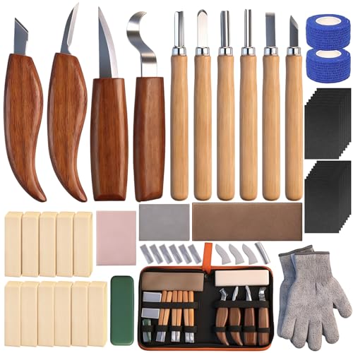 Schnitzwerkzeug Holz Schnitzset für Anfänger: Schnitzmesser Set 44-teiliges zum Schnitzen HolzSchnitzset Carving Kit mit Handschuhe, Schleifpapier, Verband und Lindenholz für Kinder Erwachsene