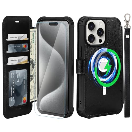 VANAVAGY Compatible for iPhone 15 Pro Max Wallet Case for Magsafe Wireless Charging, PU Leather Flip Folio Case [Screen Protector & Camera Cover] with Strap RFID Blocking Card Holder,Black