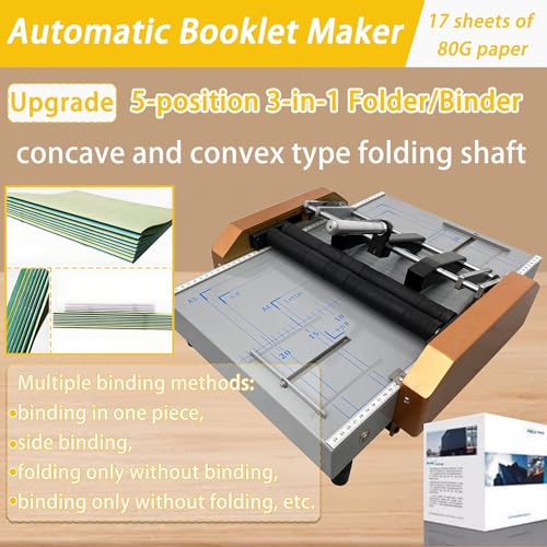 HayWHNKN Automatic Booklet Maker & Folding Machine 110V Professional Desktop Booklet Stapler 17 Sheet 80G Paper Capacity 5 Stapling Positions Dual Action Binding Folding for Book and Paper