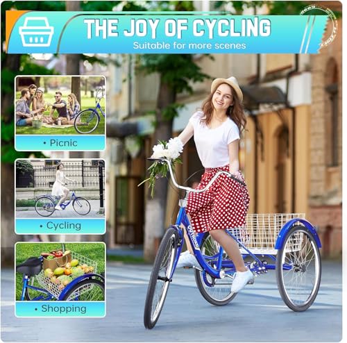 Omelaza Adult Tricycle 24 Inch 7-Speed Tricycle with Detachable Large Basket for Shopping, Leisure, Commuting, Women Men Seniors Blue