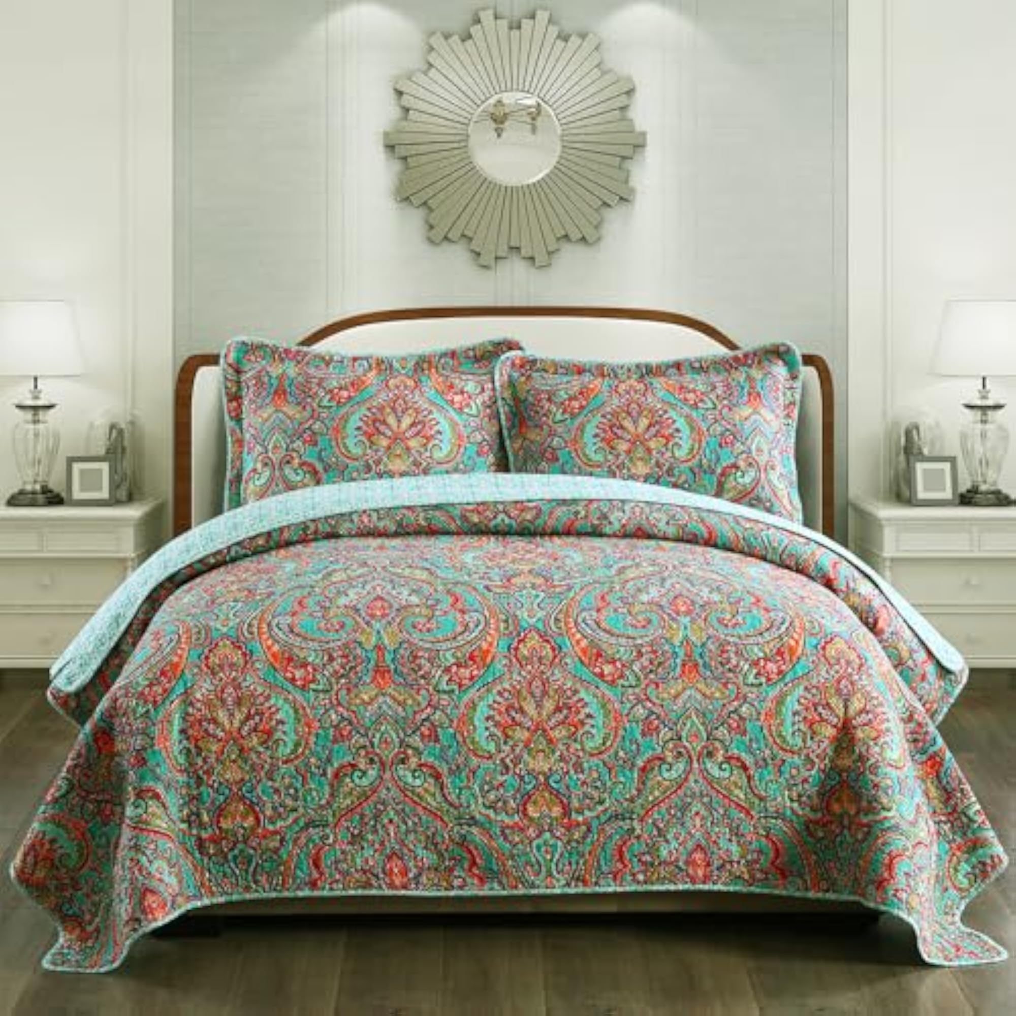Cotton Reversible Patchwork Quilt Set, Floral Pattern, Queen Size