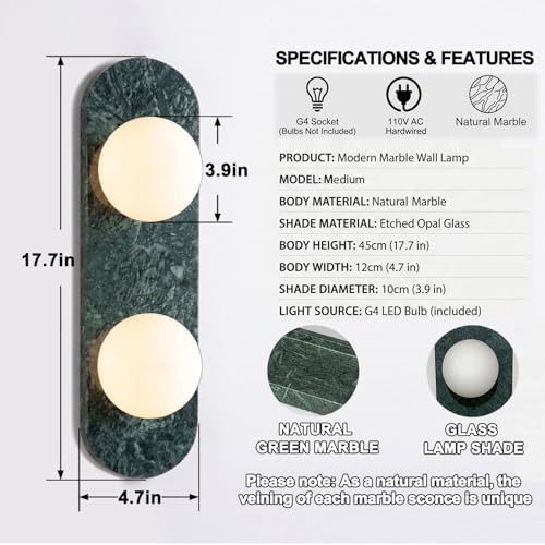 Image of Modern Green Marble Wall Sconce, Natural Stone Wall Lamp with Etched Opal Glass Shade, Mid-Century Minimalist Hardwired Wall Light for Bathroom Vanity, Bedroom, Living Room, Hallway 17.7in