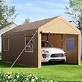 SANWAY 10'x20' Heavy Duty Carport with Removable Sidewalls & Doors, Portable Garage with Roll-up Ventilated Windows, Beige