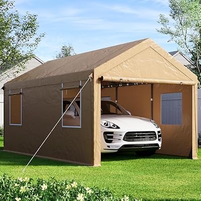 SANWAY 10'x20' Heavy Duty Carport with Removable Sidewalls & Doors, Portable Garage with Roll-up Ventilated Windows, Beige
