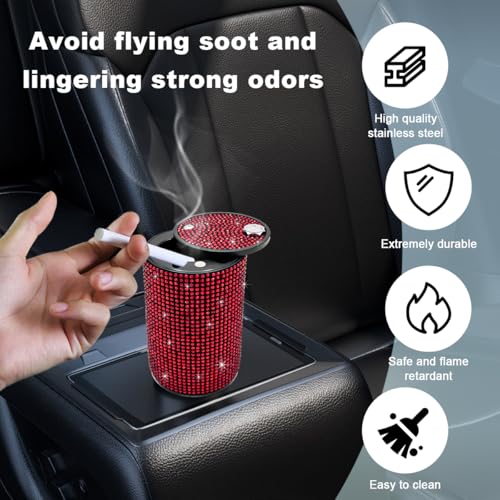 Image of Car Cigarette Ashtray with Lid, Stainless Steel Bling Crystal Diamond Smokeless Fireproof Vehicle Ashtray Holder, Portable Sparkling Ashtray Cup Holder for Car Home Office (Red)