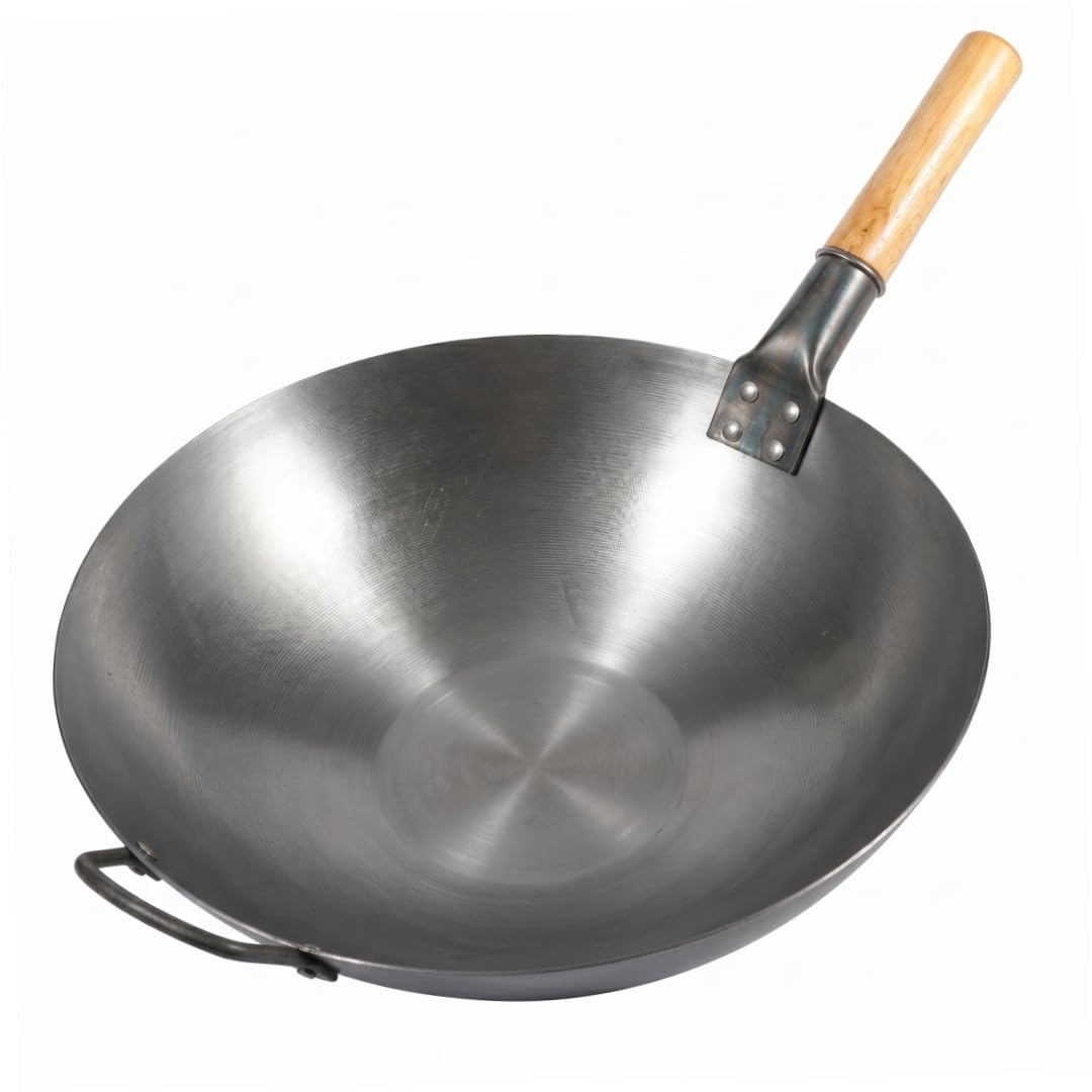 BEAHING Wok Pan, Nonstick Wrought Iron Wok - Uncoated Forged Iron Stir Fry Pan With Wooden Handle, Silver, 15 Inch