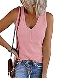 MEROKEETY Women's V Neck Tank Tops Summer Sleeveless Ribbed Button Casual Henley Shirts, DarkPink, S