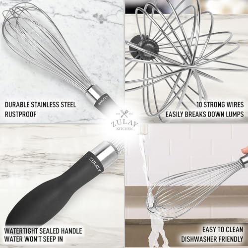 Image of Zulay Kitchen Stainless Steel Balloon Whisk 12 Inch - Heavy Duty and Durable Wire Whisk with Non-Slip Silicone Handle for Blending, Whipping & Beating - Black