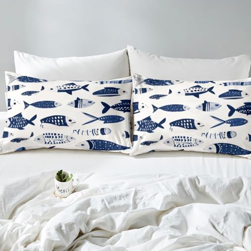 Image of jejeloiu Cartoon Fish Bed Sheets Set Queen Size Marine Theme Bed Set Ocean Sea Animal Deep Pocket Fitted Sheet White Blue Breathable Soft Lightweight Microfiber
