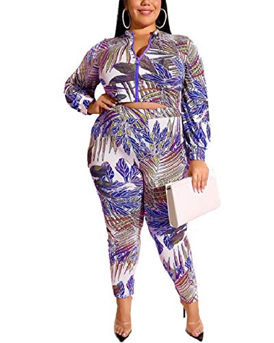 Women's Plus Size Two Piece Outfits Tropical Floral Print Crop Jacket and Long Pants Bodycon Tracksuit Jumpsuit Blue 5XL