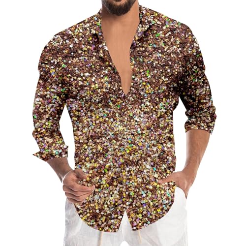 Camisa brillante para hombre de los años 70 y 80, camisa de manga larga con lentejuelas estampadas, traje de discoteca, hippie, fiesta, carnaval camisa, discoteca, club, festival de música