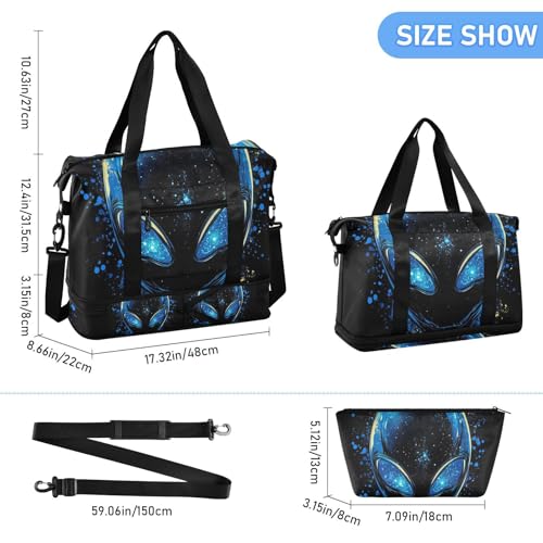 Glittering Aliens Black Gym Tote Bag Overnight Carry On Tote and Luggage with Toiletry Bag for Travel Large Capacity3