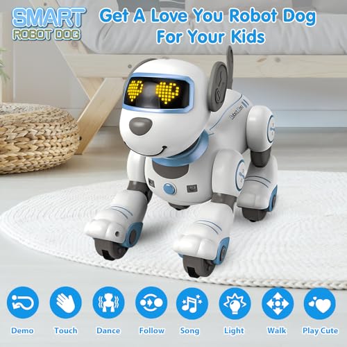 VATOS Roboter Hund Kinder Ferngesteuerter Spielzeug - Interaktiver Anfassen und Folgen Roboterhund mit 17 Funktionen, programmierbarer Tanz Musik RC Hund Roboter Spielzeug für Mädchen 3-12 Jahren