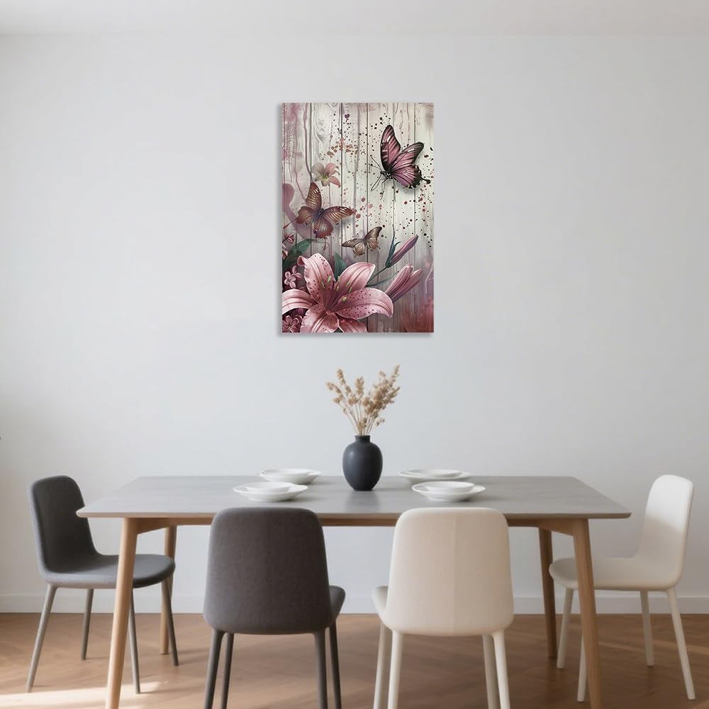 ANCROUTERY Butterfly Wall Art Canvas Prints of Butterflies in Flowers Pink Purple Floral Pictures Painting for Girls Bedroom Bathroom Decor Framed (12L x 18W) image 3