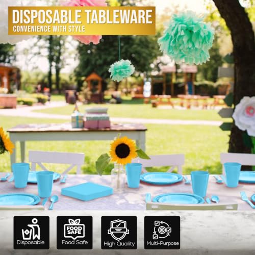 Image of Exquisite 350 Pcs Light Blue Plates and Napkins Party Supplies Plate Sets | Sturdy Plastic Dinnerware Set With 9 inch & 7 inch Plates, 12 Oz Cups, Lunch Napkins and Cutlery Serves 50 for Birthdays & Everyday