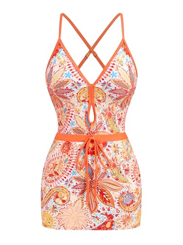 Image of ZAFUL Women's One Piece Swimsuit with Skirt V Neck Colorblock Bathing Suit | Front Cut Out Swimsuit Criss Cross One Piece Bathing Suit