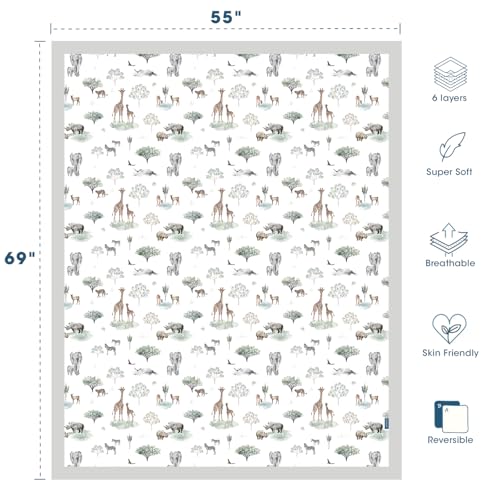 Image of GRSSDER Cotton Muslin Quilt Blanket - Silky Soft and Breathable Kids' Throw Blanket, Oversized Muslin Blankets for Newborns, Toddlers & Kids, 6 Layers Reversible Design for All Seasons, 55 inch x 69 inch