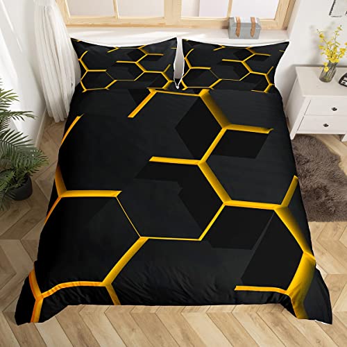 Yellow Honeycomb Duvet Cover Geometric Honeycomb Comforter Cover Hexagon Double Bedding Set Honeycomb Bedspread Cover Simplistic Decor Quilt Cover 3Pcs
