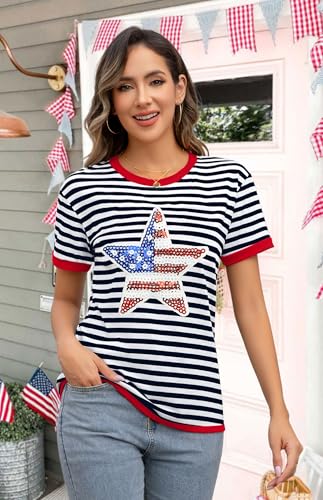 Image of Ithalt Women 4th of July Shirt Fourth of July Shirts USA Sequin Tshirt American Patriotic T-Shirt Stripes Tee Tops