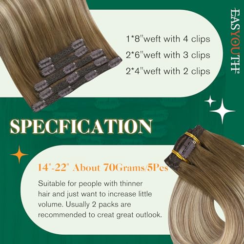 Easyouth Clip in Extensions Real Human Hair Brown Ombre Human Hair Extension Clip ins Brown Balayage Ashbrown Mixed Medium Blonde Clips in Real Hair Extensions Easy to Style 18Inch 5Pcs 70g #3/8/22 - Image 3